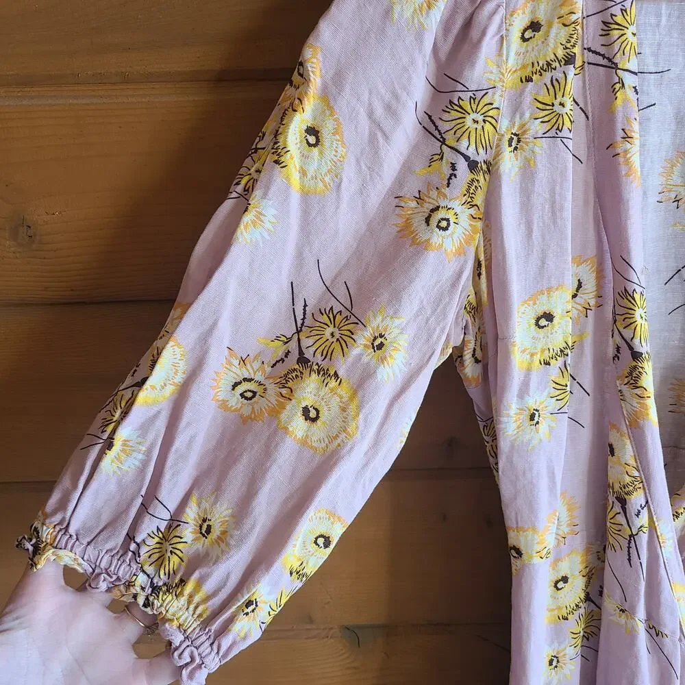 Madewell Linen Dress Pink Dutch Danelions Pink Floral Wrap Dress XS Boho Cottage - Picture 4 of 6